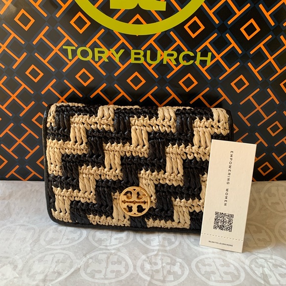 Tory Burch Handbags - Tory Burch Willa Straw Medium Wallet Black Pale Khaki Rattan Straw Natural